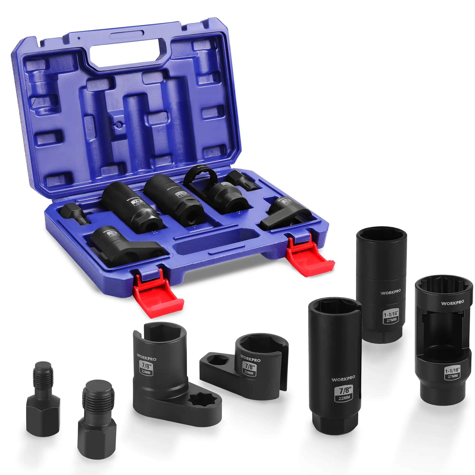 #toolupgrade WORKPRO 7-Pieces Alloy Steel O2 Oxygen Sensor Socket Set, Automotive 3/8"-1/2" Drive, 1-1/16"-7/8"/27mm/22mm Wrench with Anti-Slip Slot & Thread Chaser, for Automotive Techs (Inches/mm Compatibility)