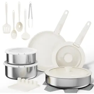 21- Pots and Pans Set,  Ceramic Nonstick Cookware with Detachable Handles, Induction RV Kitchen Set, Dishwasher & Oven Safe, Beige White