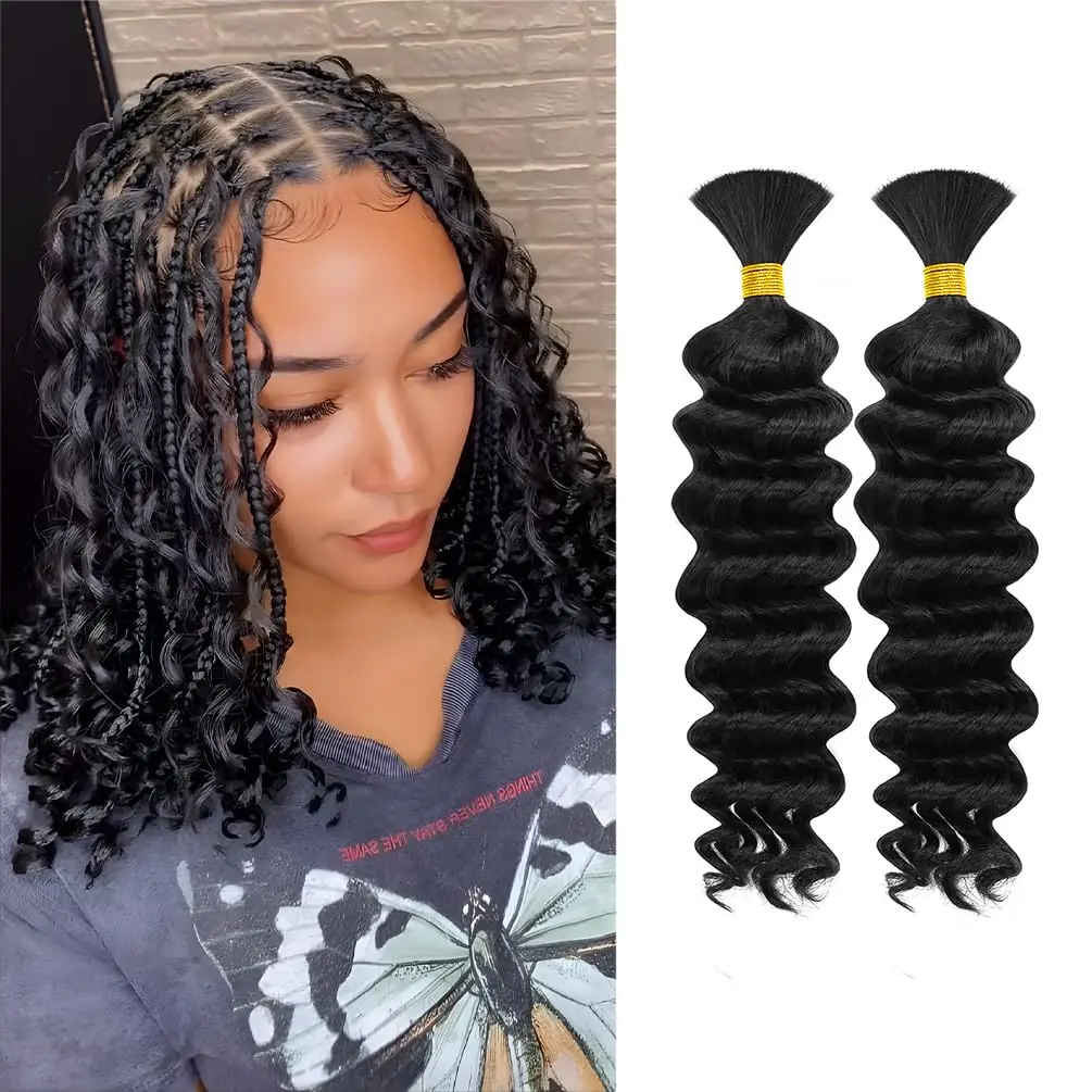 Human Braiding Hair, 2 Bundle 100g 14 Inch Boho Braids Human Hair 10A Deep Wave Bulk Brazilian Virgin No Weft Wavy Hair Extensions for Boho Bohemian Micro Braid Bulk for Braiding Natural Black