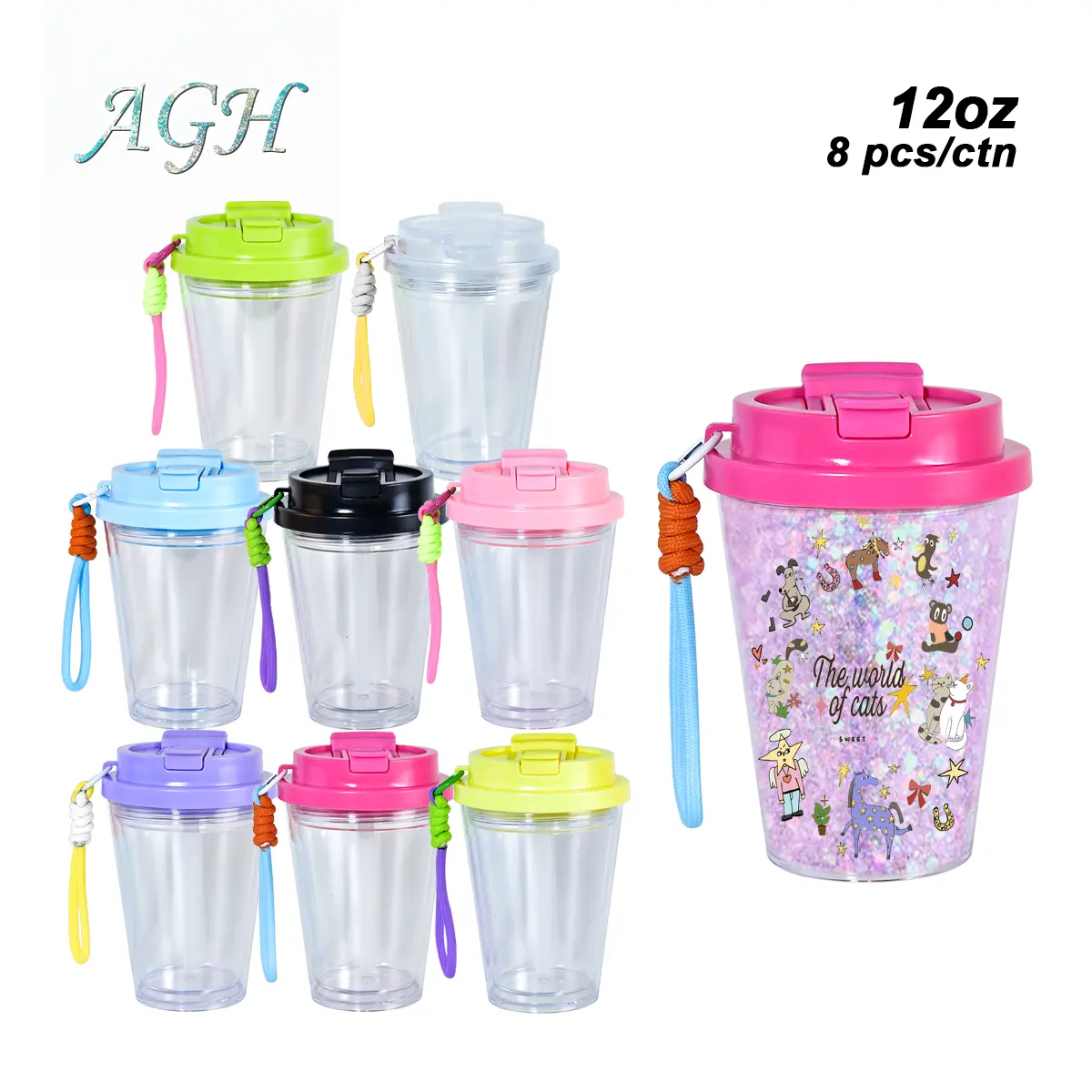 AGH New collection 8pcs/16pcs 12oz 2-in-1 double walled kids snow globe with dual lids mixed color with straps, with Pre Drilled Hole And Plugs