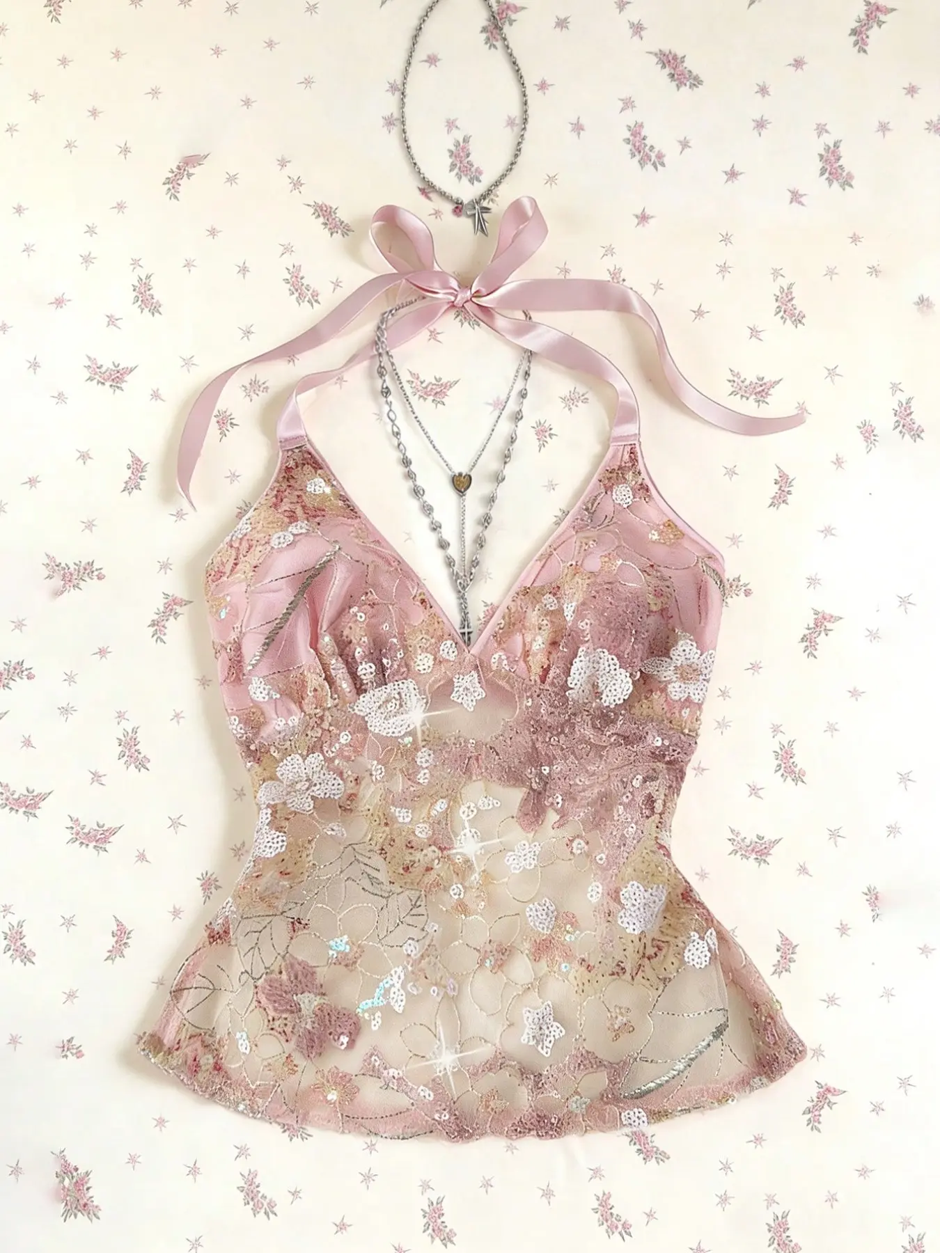 Women's Summer Casual V-Neck Backless Vest, Lace Sequins Patchwork Halter Tie Hollow Out Slim Fit Top, Cute Sweet Style Sleeveless Halter Top, Backless Camisole, Backless Tank Tops