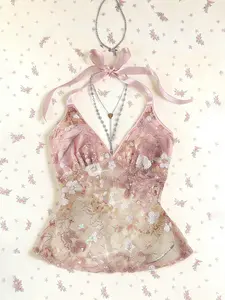 Women's Summer Lace Sequins Patchwork V-Neck Backless Halter Tie Hollow Out Slim Fit Top, Cute Sweet Style Sleeveless Tank Vest