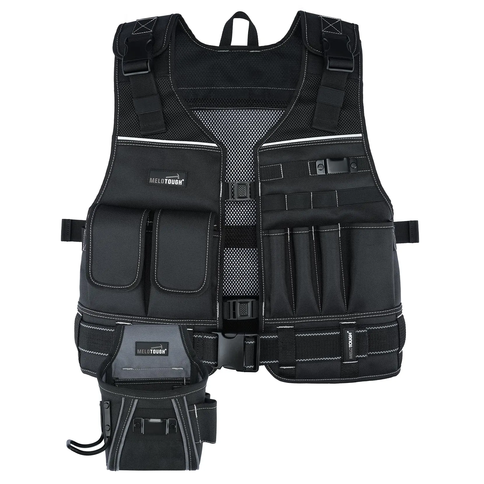 MELOTOUGH Men's Adjustable Multi-Pocket Tool Vest with Pouches and Belt, Construction Gear for Electricians, Home Improvement Work Safety Equipment (Black)