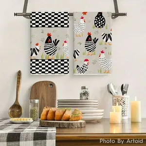 4pcs, Hand Towels, Rural Buffalo Plaid Rooster Pattern Kitchen Towels, Rustic Farmhouse Style Ultra Absorbent Drying Cloth, Cleaning Scouring Pad, Tea Towels for Cooking Baking, Kitchen Supplies, Room Decor