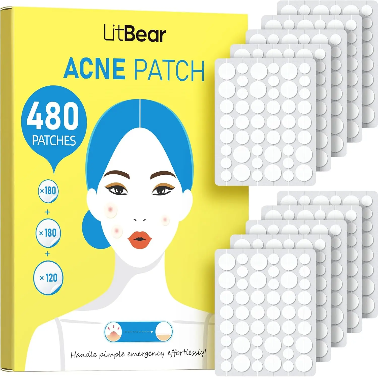 LitBear Bulk Pack Hydrocolloid Pimple Patches - 480 Count, 3 Sizes, Peel-Off Acne Blemish Patches for Sensitive Face Skin Repair (Large Quantity)