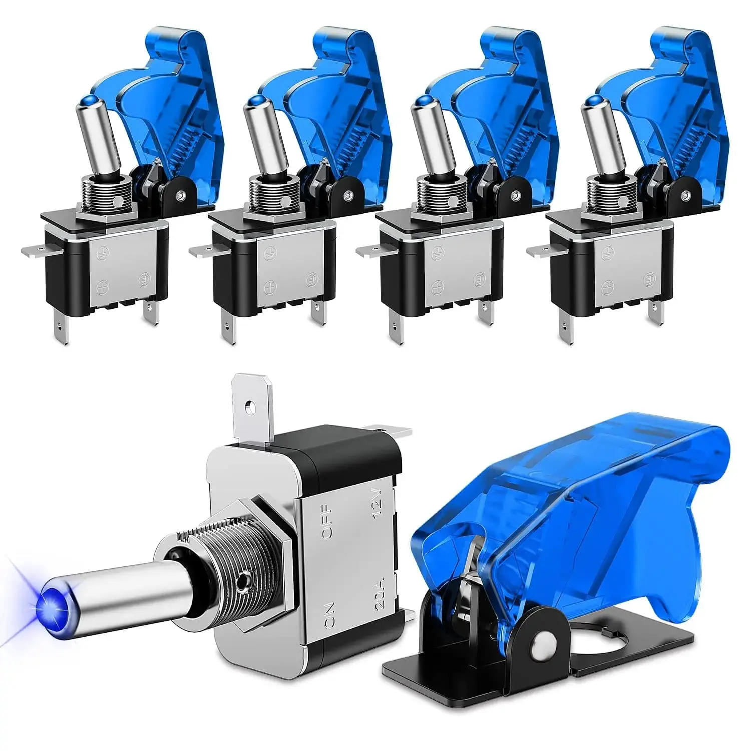 Nilight 5Pcs 3-Pin SPST On-Off Blue LED Rocker Toggle Switch, 12V 20A, 1.57 x 0.59 x 2.63 inches, Brass Copper Construction, for Cars, Motorcycle, Off Road Vehicles, On-Off Control Electrical Appliances