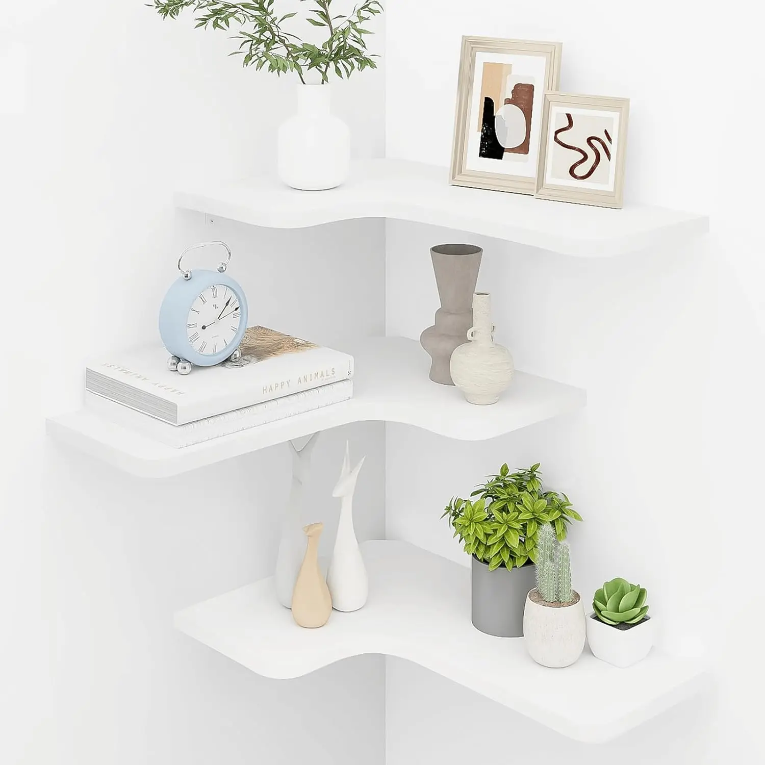 Corner Floating Shelves, Set of 3 Corner Wall Shelves with Wire Hole, L-Shaped  Hanging Storage Shelf for Wall Decor, for Bathroom Kitchen Bedroom, White