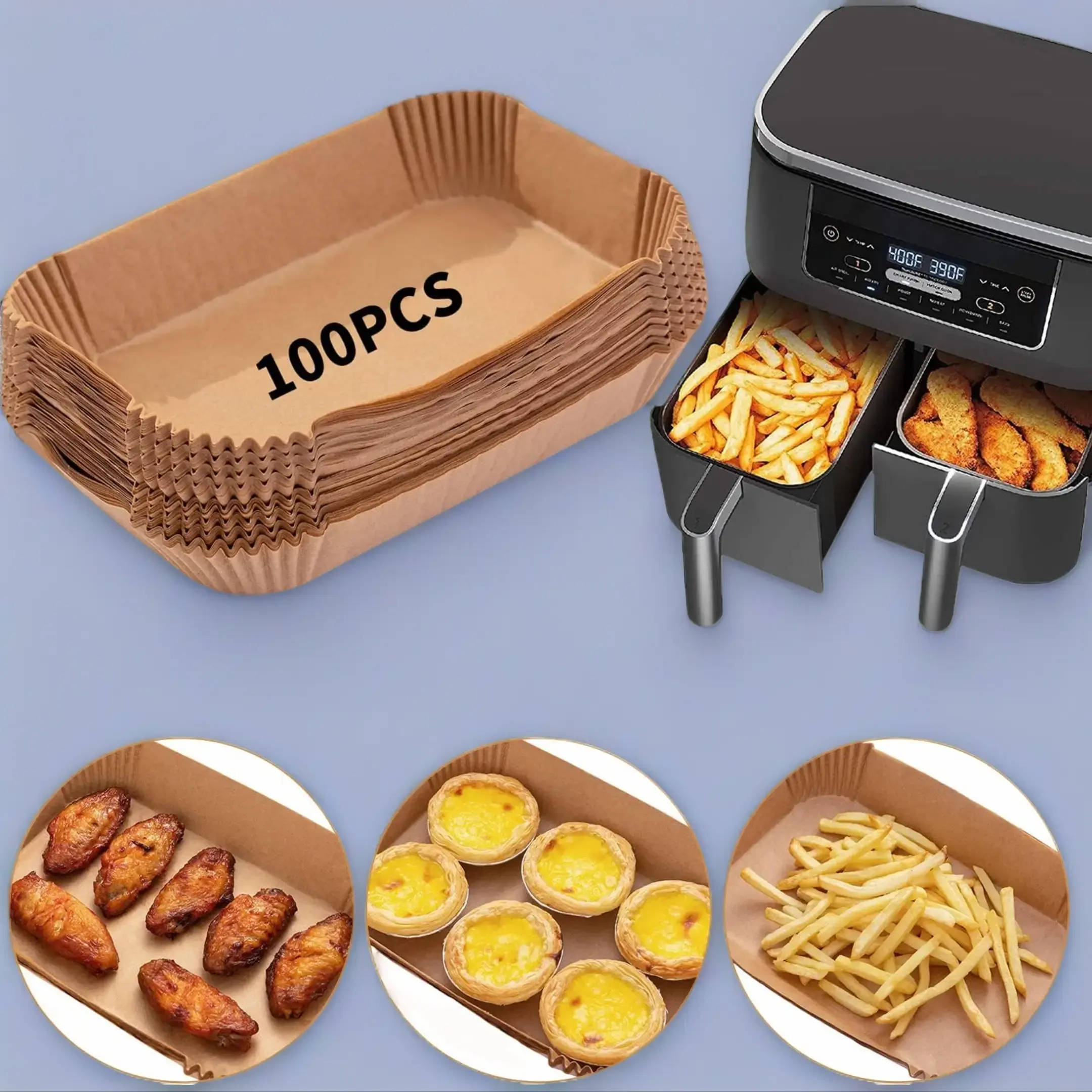 Air Fryer Disposable Paper Liner, 100PCS Food Grade Parchment Liners for Ninja DZ201,Ninja Foodi Dual Air Fryer Accessories Baking Paper (9 * 6, Natural)