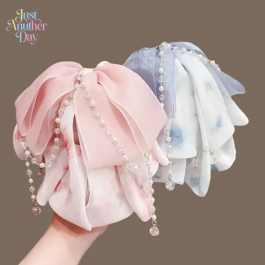 Fairy Chiffon Bow Hair Claw with Pearl Tassel, Pink Floral Print Bow Hair Clip, Elegant Large Bow Hair Accessories for Ponytail