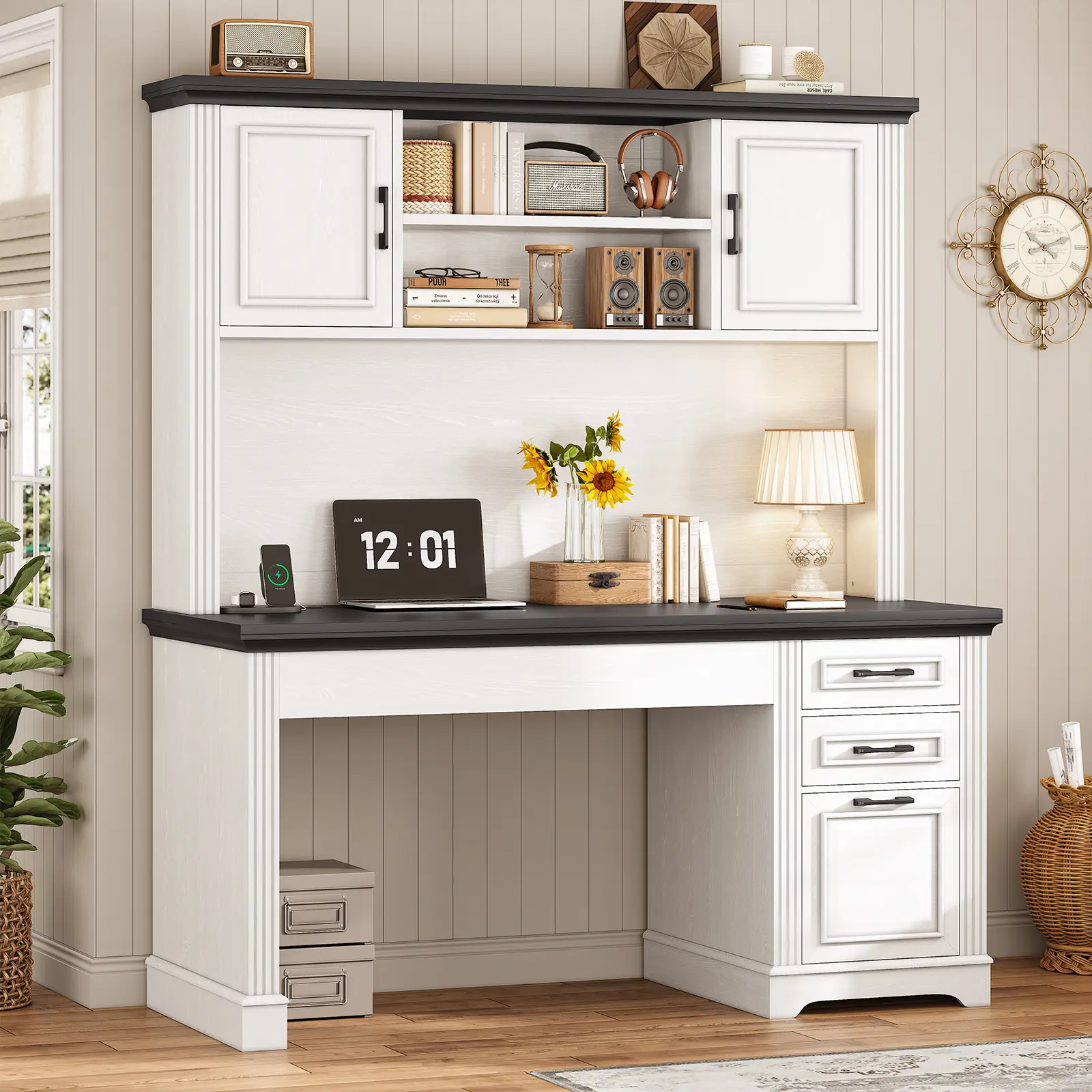 Sedeta 47.2-in Farmhouse Wooden Rectangular Executive Computer Desk - 55"l*21.7"w Printer-Ready Stable Tabletop, Sliding Drawers, Storage Drawer Platform, Book Hutch, Organization-Focused Commercial Office Furniture for Home Office, Study, Wood Drawers