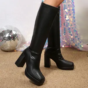 Women's Fashion Knee High Boots Square Toe Chunky Heel Platform Side Zipper Outdoor Walking Boots