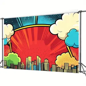 2D flat banner, 1 piece, vibrant comic city background banner - hero theme, featuring explosive colorful action clouds and city skyline, superhero party decoration, multiple size options of polyester fiber background fabric, dyz