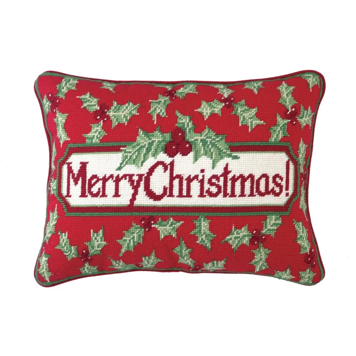 Peking Handicraft 31SERX102C16OB 12 x 16 in. 100 Percent Wool & Cotton Merry Christmas Kiger Holly Needlepoint Lumbar Pillow