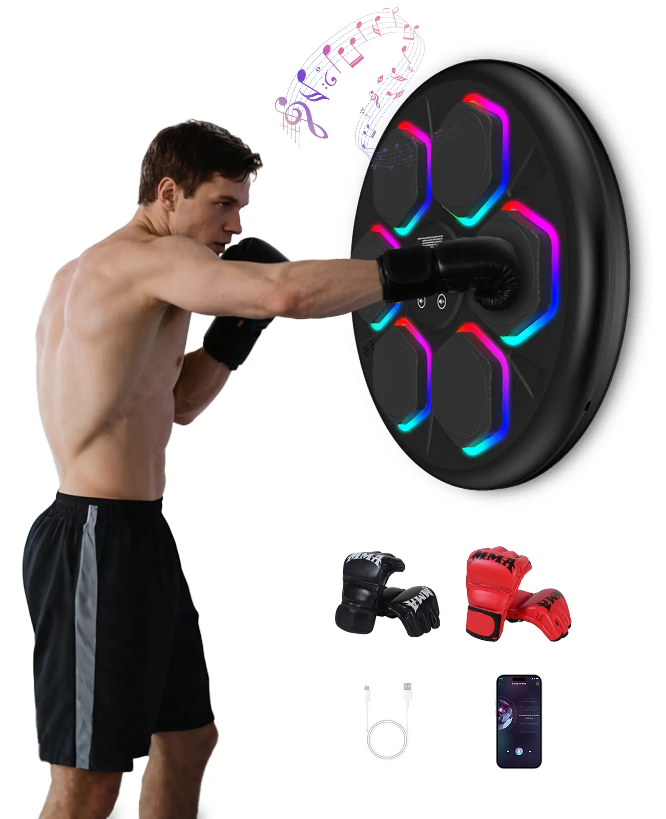 Music Boxing Machine for Adults & Kids with 2 Boxing Gloves, 12 Modes/Speeds, Wall Mounted Music Boxing Workout Equipment for Home Office Gym(Black)