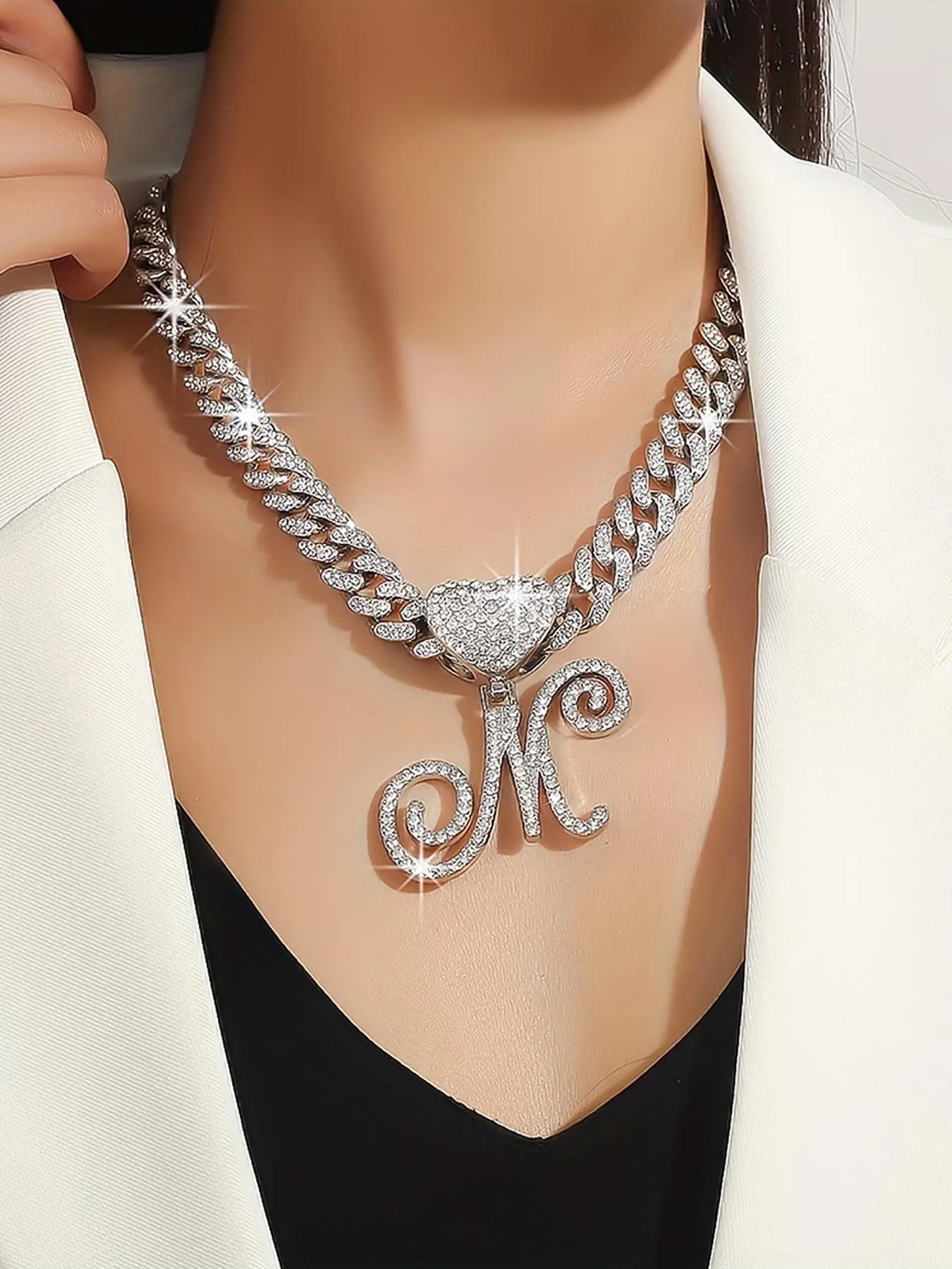 Rhinestone-Decorated Letter Design Pendant Necklace, Bling Pendant, Fashion Jewelry for Party and Daily Wear, Trendy All-Match Exquisite Rhinestone Necklace for Birthday Gift, Heart Initial Necklace, Dainty Initial Necklaces, Alloy Pendant Necklace