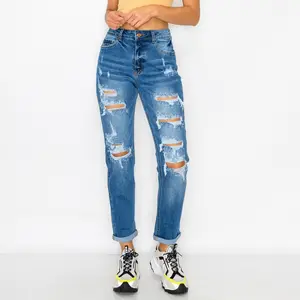 90252 DESTRUCTED ROLLED CUFF BOYFRIEND JEAN $29.99 Authentic destructed rolled cuff boyfriend jean in 11.1 oz stretch denim fabric. Traditional 5 pocket construction with raw cut hem detail and one button and zipper closure. Fabric Content: 93% COTTON,