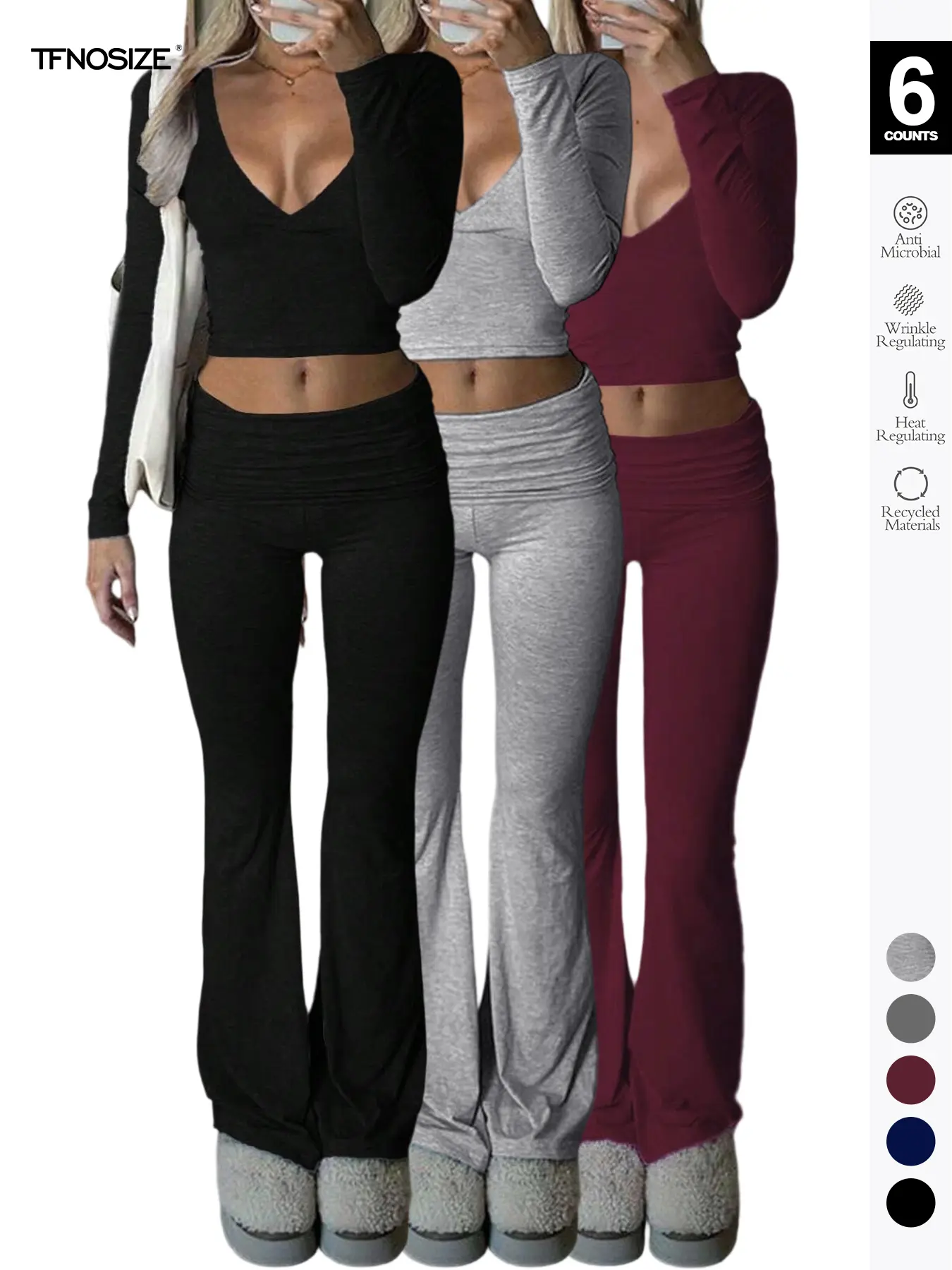 Women's 2/6 Piece Matching Set, Long Sleeve Deep V Neck Crop Top, Foldover Flared Leggings, Casual Fitted Basic Knit Loungewear for All Seasons Outfit