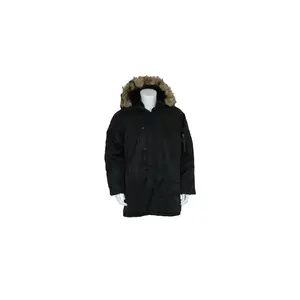 Men's Black Military N-3B Style Parka, Water Repellent Nylon Jacket with a Fur-Rimmed Hood and Fiberfill Insulation, Tops