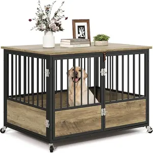 DWVO 43" Dog Crate Furniture with Wheels, Heavy Duty Wood Dog Cage Table with Double-Doors Chew-Resistant Wooden Dog Kennel Indoor for Large and Medium Dogs Greige
