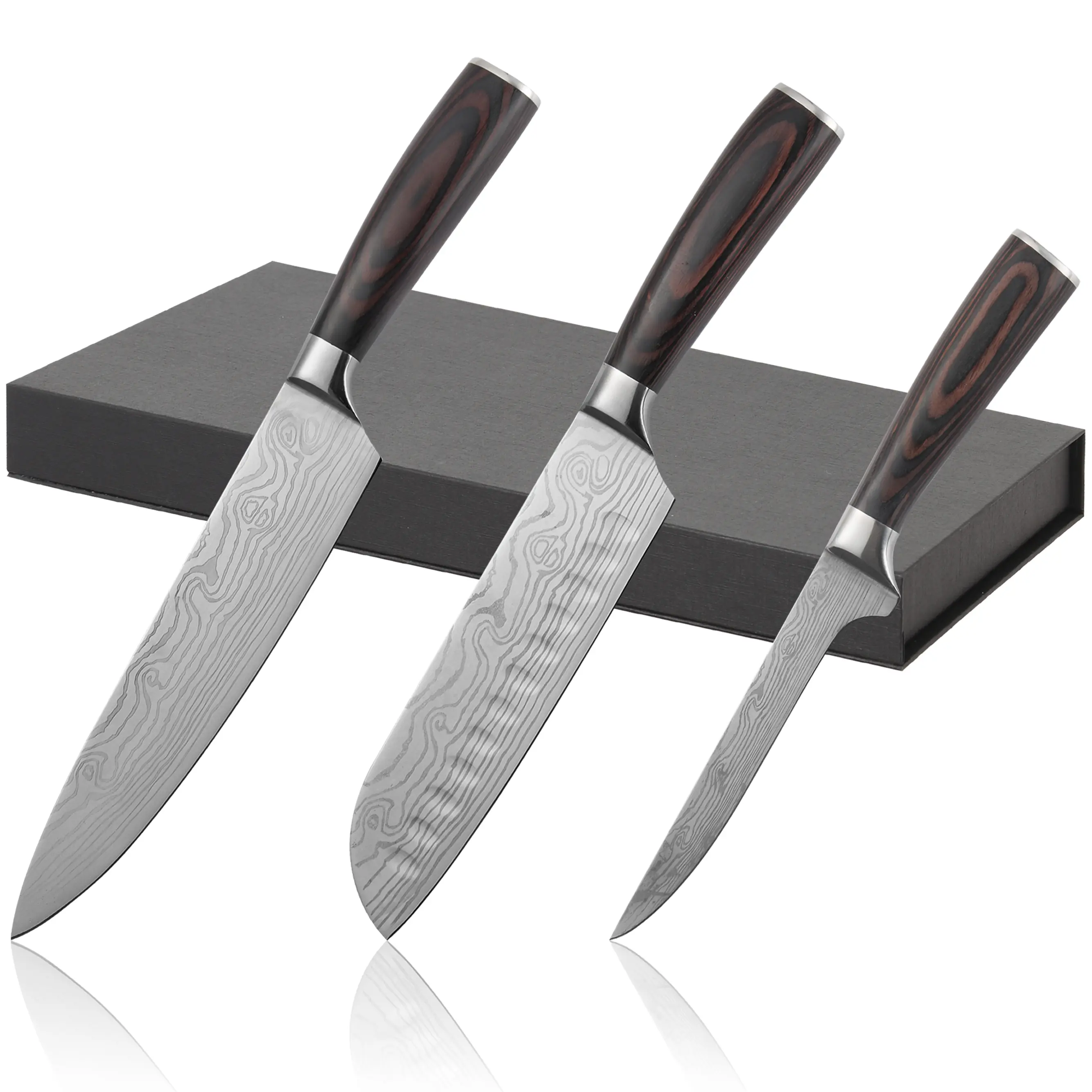 3PCS Damascus Kitchen Knife Set with Gift Box, Ultra Sharp Chef Santoku Paring Knife Set, Japanese Style Stainless Steel Cooking Knives, Ergonomic Handle