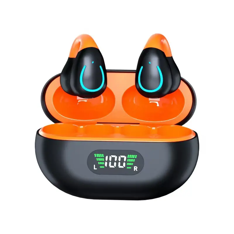 Open Ear Bone Conduction Bluetooth Headphones, Clip-On Wireless Chargeable Earbuds with Digital Display Case, 60H Playtime, IPX4 Water Resistant Electronic Sports Earphones for Running, Workout (Black Orange)