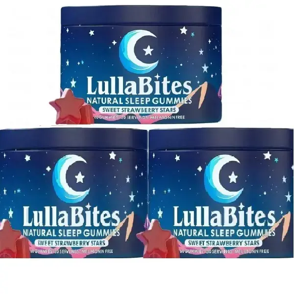 【3 Bottles】LullaBites Natural Sleep Gummies - 30 Servings -Sweet Strawberry Stars (Melatonin Free)