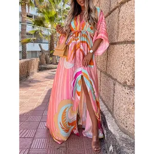 [Vibrant Tropical Maxi Dress] Polyester Women's Vibrant Tropical Print Maxi Dress - Loose Fit, V-Neck, Long Sleeve, Perfect for Vacation and Casual Attire