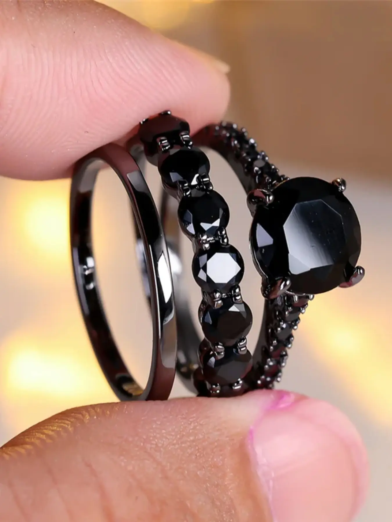 Geometric design three-piece ring, Stackable Finger Rings, Statement Multi Ring, artificially synthesized black zirconia stone, stylish and simple, suitable for proposal or wedding occasions, Cubic Zirconia Rings, Cubic Zirconia Jewelry