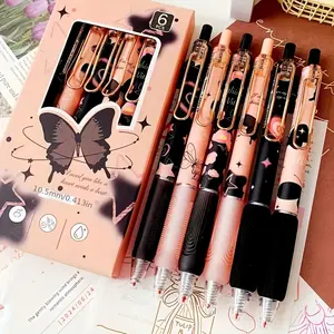 6-Pack Retractable Gel Pens Set with Metal Rods, Ink, Plastic Material, Butterfly Design, Office School Supplies, Quick-Dry Exam Pen