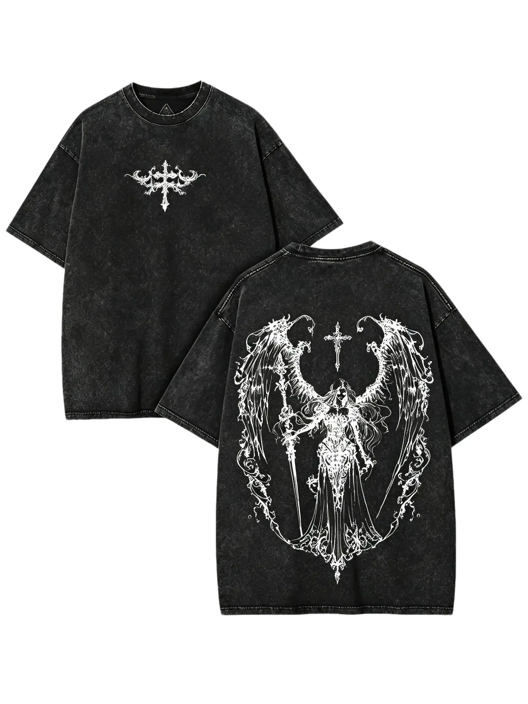 Vintage Washed Gothic Angel Cross T Shirt,Front Back Dark Wing Graphic Oversized Y2k Streetwear Tee,Distressed Casual Top,everyday t shirt,practical design,trendy top short sleeve,  gift shirt,unisex fit,  double print
