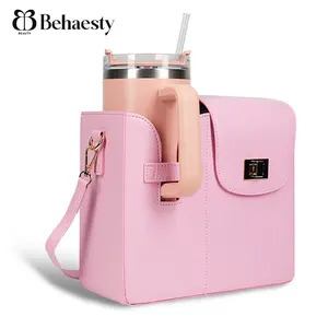 Behaesty Adjustable Crossbody Bag with Drink Holder & Wallet Storage for Women - Pink Leather Satchel for Gym Work Travel - All-in-One Organization & Versatile Strap