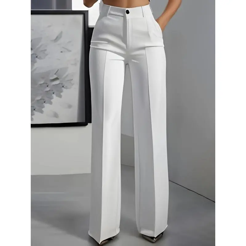 Women's High-Waisted Straight Leg Pants - White, Non-Transparent Trousers, All-Season Everyday & Formal Wear, Minimalist Chic Office & Party Outfits, Smooth Womenswear Bottom Basic Style Suits Elegant Short work outfits women khaki pants