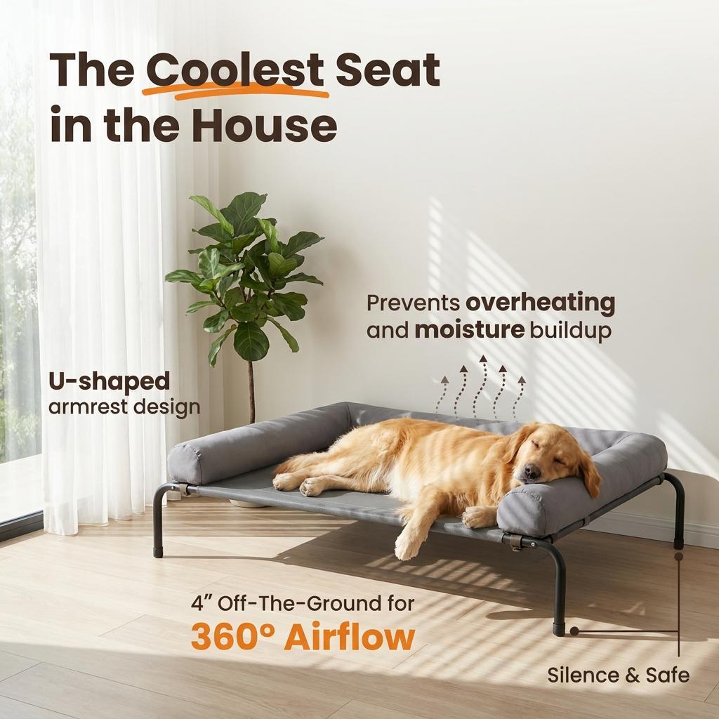 Elevated Cooling Dog Bed Raised Dog Cots Beds for Large Dogs, Summer Outdoor Dog Bed for Large Dogs, Chew Proof Portable Cooling Pet Cot Skid-Resistant Feet, Frame with Breathable Mesh