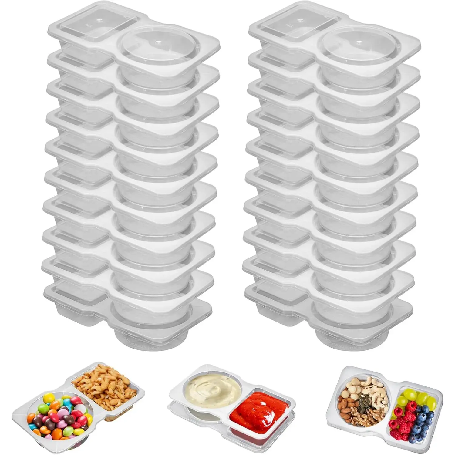 20PCS BPA-Free PP Plastic 2-Compartment Reusable Food Storage Containers - Smooth Airtight Lids, Lightweight Snack Organizer Box, Airtight Meal Prep Solution, Durable, Microwaveable, Freezer & Dishwasher Safe for Take-Out Condiments