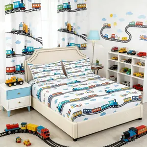 Colorful Train Bedding Set,Cartoon Car Fitted Sheet Blue Train Tracks Cloud Bed Sheet for Kids Boys Girls Teens Room Decor Transportation Vehicles Deep Pocket Sheet