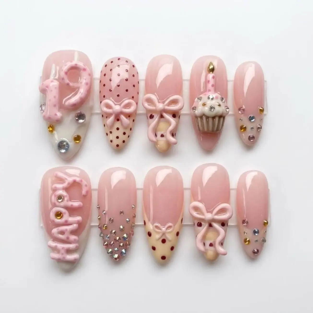 Personalized Age Birthday Press On Nails | Custom 16th 18th 21st Birthday Nails | Kawaii Pink Cupcake & Bows | 3D Sweet Party Nails V0303