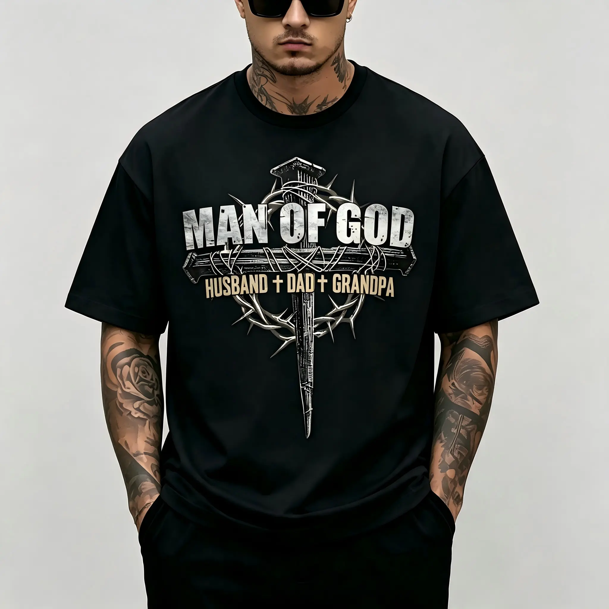 "Man Of God Husband Dad Grandpa" Unisex T-Shirt for Men & Women - Cross Crown Of Thorns Faith Design, Soft Cotton Crew Neck Short Sleeve, Comfortable All-Season Tee, Perfect for Everyday Casual & Believer Style, Machine Washable