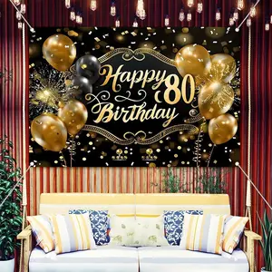 Happy 80th Birthday Backdrop Black and Gold, Large 80th Birthday Banner for Men & Women, Fabric Birthday Photography Background for Photo Booth, 80th Birthday Party Decorations Supplies