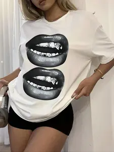 Women's Lip & Teeth Print Round Neck Tee, Fashion Casual Crew Neck T-Shirt for Daily Holiday Vacation Outdoor Wear, Ladies Clothes for All Seasons