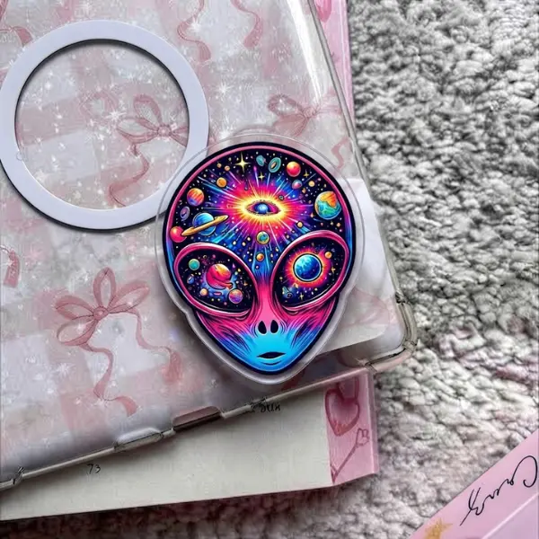 Cosmic Alien Head MagSafe Phone Grip, Trippy Universe Space Magnetic PopSocket, Psychedelic Extraterrestrial Phone Holder, Sci-Fi Accessory