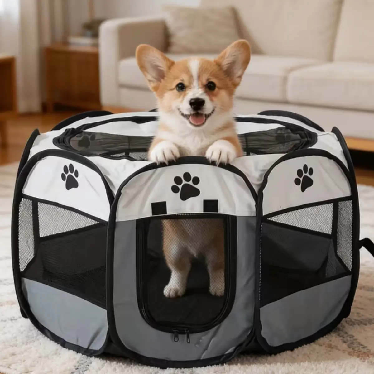 Foldable Octagon Pet Playpen - Mesh Puppy Fence Gate with Ventilation and Visibility, Indoor-Outdoor Small Animal Enclosure, Portable Kennel for Home, yd, Park, Cat Tent, Dog Crate, Rabbit Hutch, Travel Use