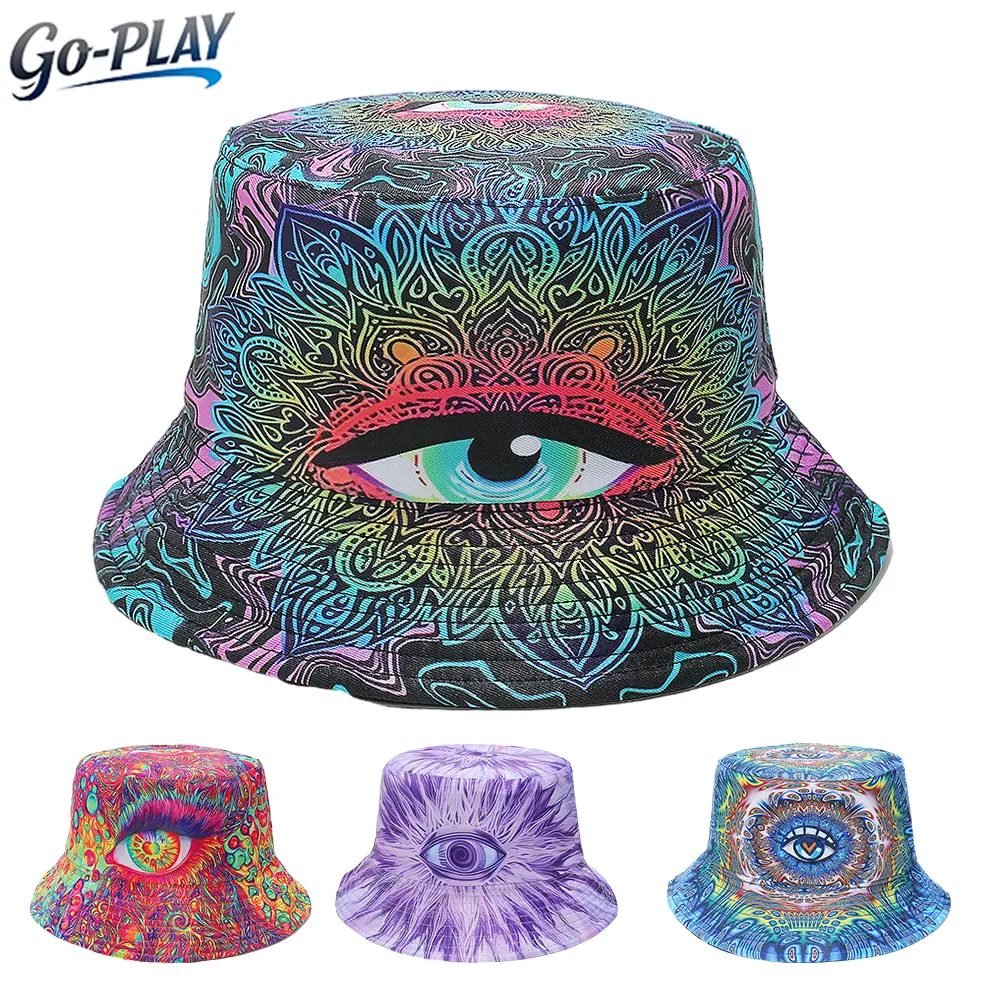 Reversible Trippy Bucket Hat - All Seeing Eye Psychedelic Print 2 Styles In 1 Lightweight UV Protection Fisherman Cap Unisex for Music Festival Rave Party Beach Outdoor