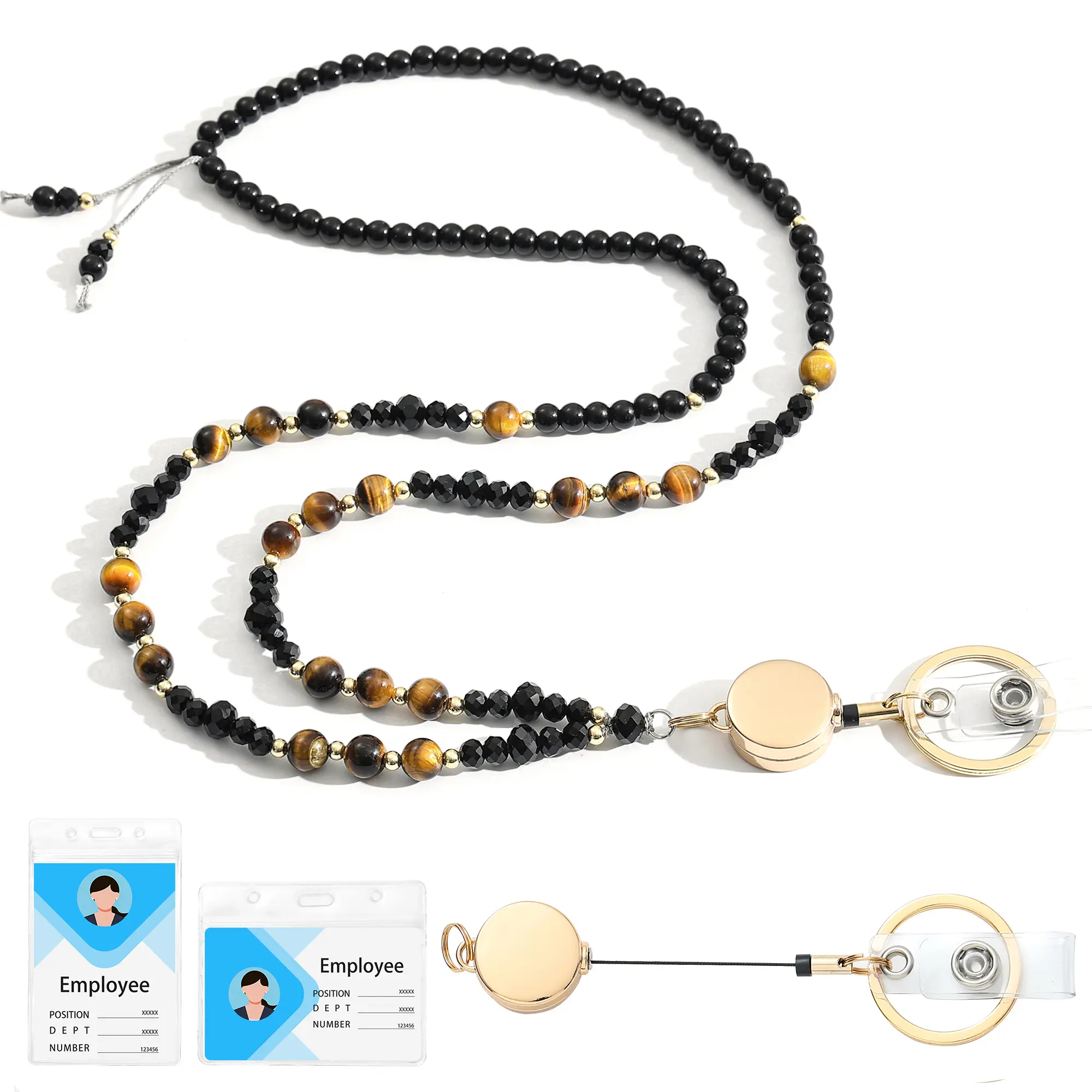 LENYNAL Retractable Lanyards for ID Badges and Keys, Beaded Lanyards for Women Natural Stone, Teacher Lanyard High-Performance Cute Lanyard Morganite