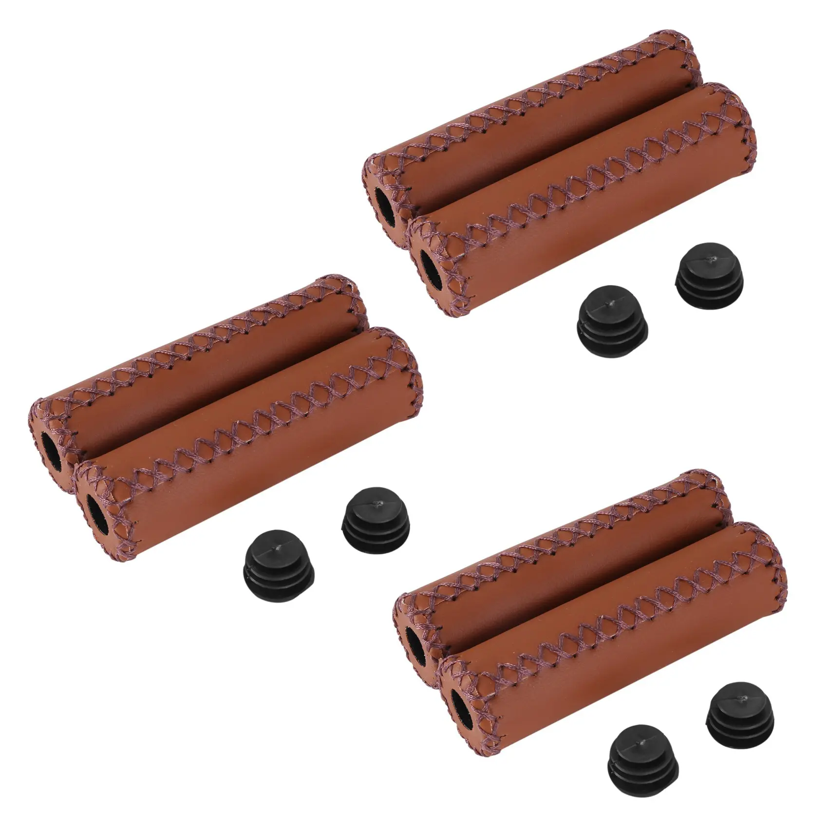 Unisex Adults' 3-Pair Nonslip Shockproof Ergonomic Vintage Brown Artificial Leather Bicycle Grips - 130mm-22.2mm Groove Pattern Cover for Trekking Bikes, Sweat Riding Handlebars Protection