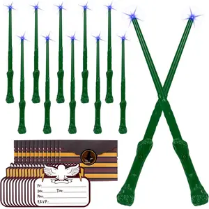 Light Up Wizard Magic Wands 12PCS Illuminating Sound Witch Toy Wand Set with 12 Invitation Cards & Envelopes for Kids Birthday Party Gifts Green