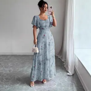 2025 Summer New Printed Ruffle Sleeve Slim Fit Lined Elegant Dress
