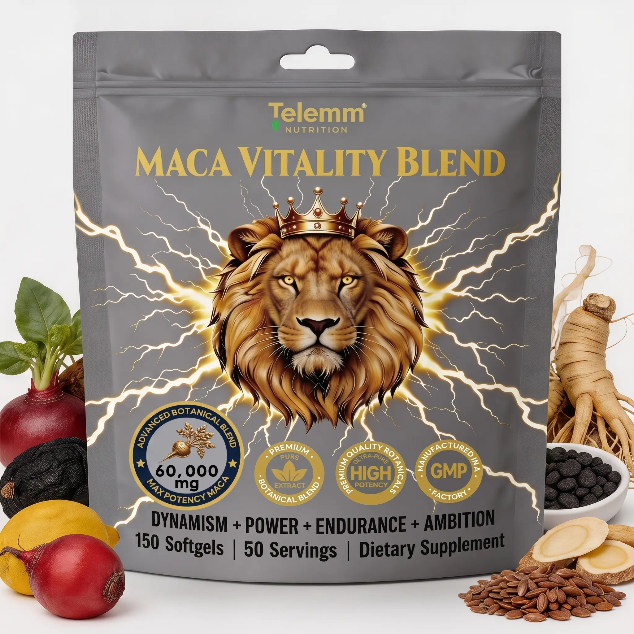 Telemm Maca Vitality Blend 60,000mg | Ultimate Energy & Stamina Support | Premium Maca, Ashwagandha & Ginseng - 150 Softgels