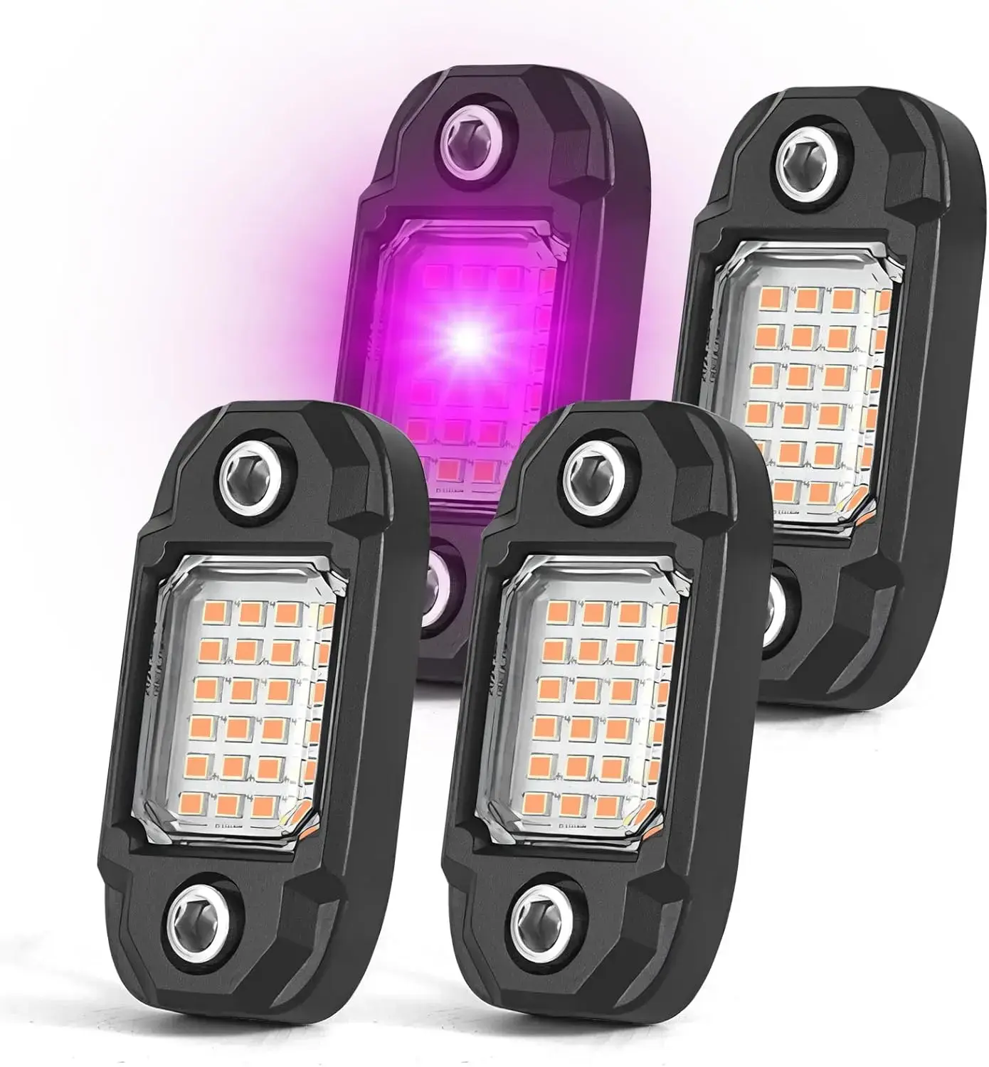 4-Pod Purple LED Rock Lights - 24-LED Chips, Aluminum PC Lens, 9-16V DC, IP68 Rated, 180-Degree Beam Angle, Waterproof Neon Underglow Trail Rig Lamps for Car, Motorcycle, SUV (Light-Up Function Included)