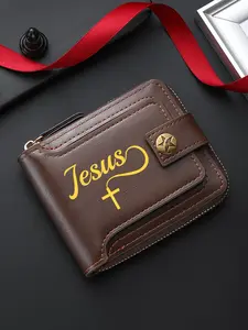 Vintage PU Leather Short Wallet, Jesus Cross Faith Print, Multi-Card Slots, Zipper Coin Pocket, Christian Believer Daily Commuter Purse
