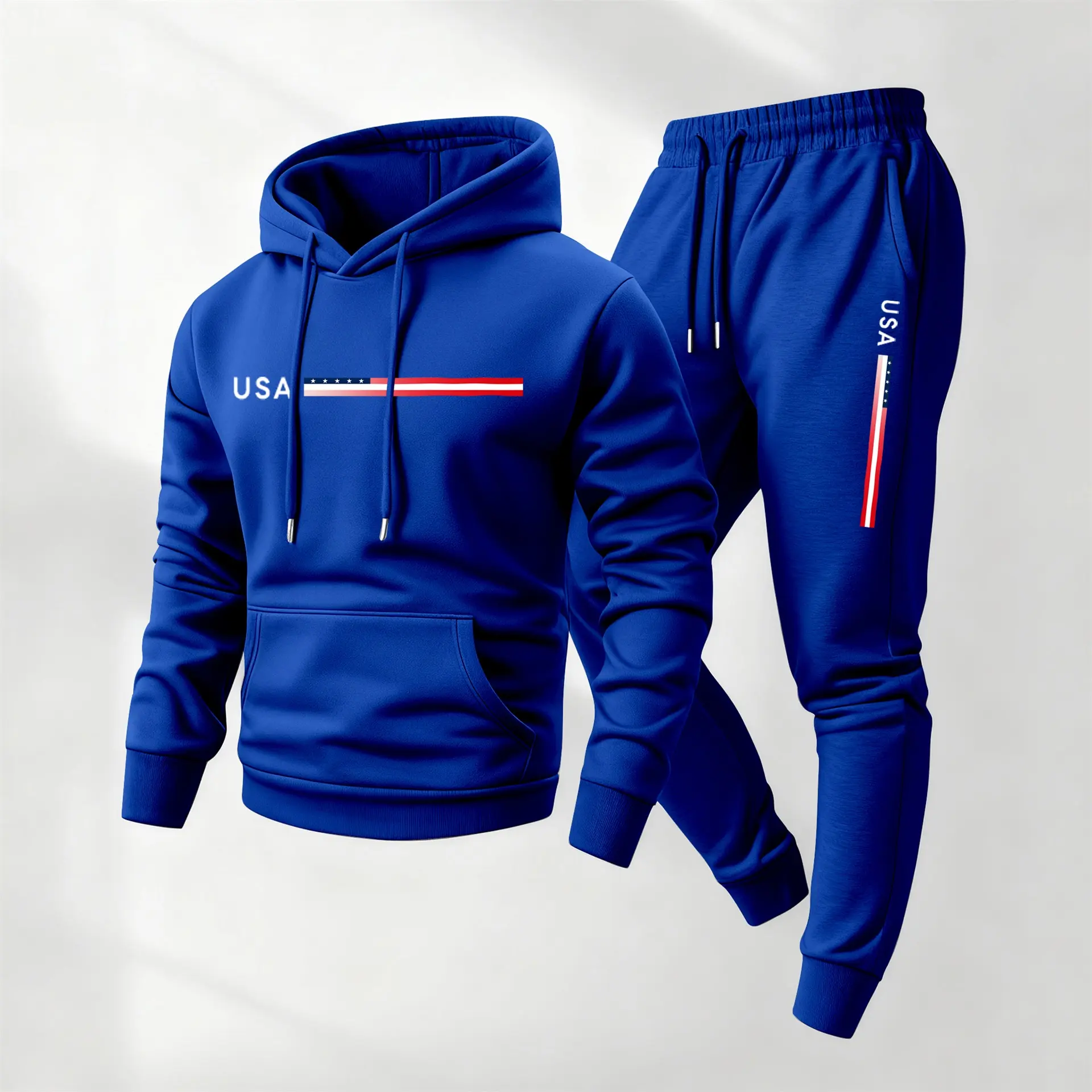 Male 2-Piece Loose-Fit TeamUSA Printed Tracksuit, Long-Sleeve Polyester Hoodie & Sweatpants Set, Machine Washable Tracksuit Uniform for Casual Fall Winter Athletic Wear, Menswear Activewear